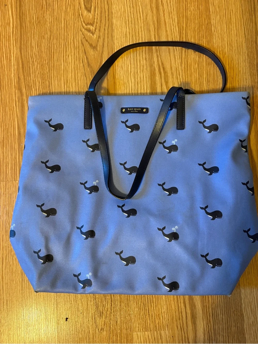 kate spade light blue tote with black whale print